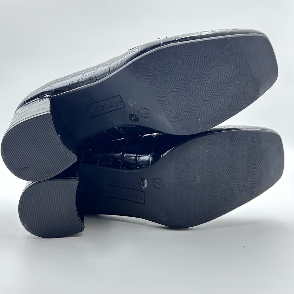 Liz Claiborne Heeled Loafers 7 Black Croc Embossed Horsebit Preppy Officecore - Picture 6 of 10